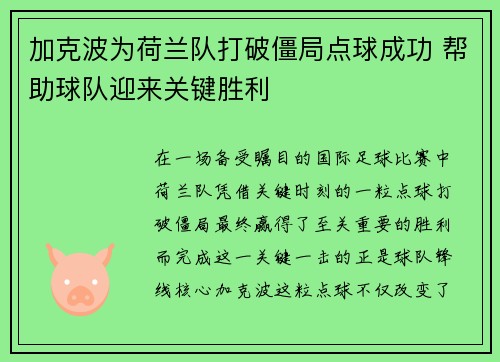 加克波为荷兰队打破僵局点球成功 帮助球队迎来关键胜利